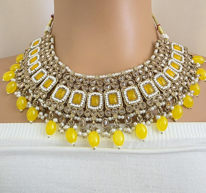 Yellow Antique Polki Kundan necklace set/Reverse Ad Necklace/Statement necklace/Indian/Punjabi Necklace/Pakistani Jewelry/Bridal necklace