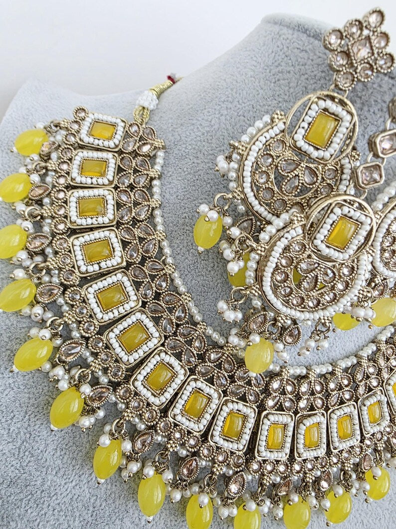 Yellow Antique Polki Kundan necklace set/Reverse Ad Necklace/Statement necklace/Indian/Punjabi Necklace/Pakistani Jewelry/Bridal necklace