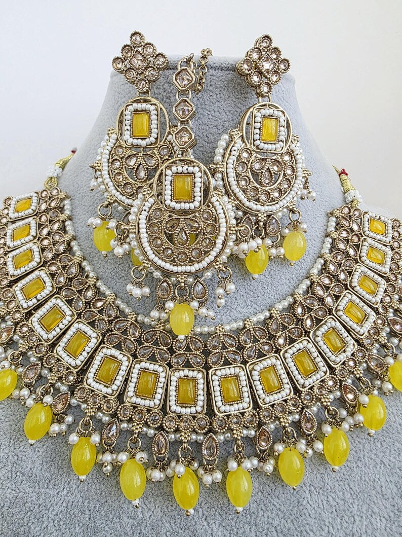 Yellow Antique Polki Kundan necklace set/Reverse Ad Necklace/Statement necklace/Indian/Punjabi Necklace/Pakistani Jewelry/Bridal necklace
