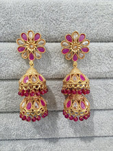 Ruby Antique Jhumki With Gold Plating, Gold Polki Jhumka, stone Jhumka, Indian Jewelry, Jhumka earrings, Gold double Jhumka earrings