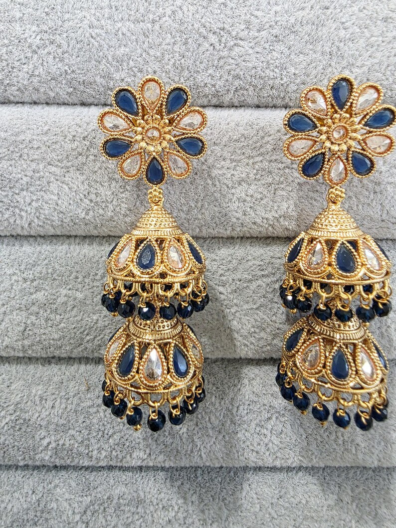 Blue Antique Jhumki With Gold Plating, Gold Polki Jhumka, stone Jhumka, Indian Jewelry, Jhumka earrings, Gold double Jhumka earrings