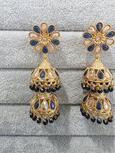 Blue Antique Jhumki With Gold Plating, Gold Polki Jhumka, stone Jhumka, Indian Jewelry, Jhumka earrings, Gold double Jhumka earrings