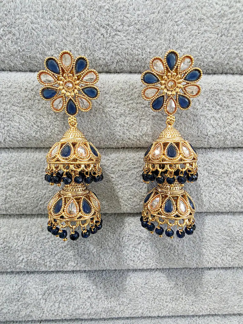 Blue Antique Jhumki With Gold Plating, Gold Polki Jhumka, stone Jhumka, Indian Jewelry, Jhumka earrings, Gold double Jhumka earrings