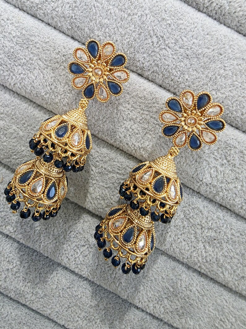 Blue Antique Jhumki With Gold Plating, Gold Polki Jhumka, stone Jhumka, Indian Jewelry, Jhumka earrings, Gold double Jhumka earrings
