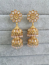 Pink Antique Jhumki With Gold Plating, Gold Polki Jhumka, stone Jhumka, Indian Jewelry, Jhumka earrings, Gold double Jhumka earrings