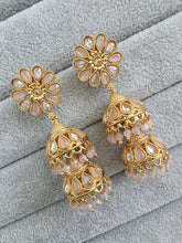 Pink Antique Jhumki With Gold Plating, Gold Polki Jhumka, stone Jhumka, Indian Jewelry, Jhumka earrings, Gold double Jhumka earrings