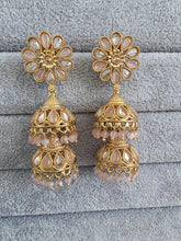 Pink Antique Jhumki With Gold Plating, Gold Polki Jhumka, stone Jhumka, Indian Jewelry, Jhumka earrings, Gold double Jhumka earrings