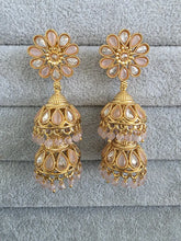 Pink Antique Jhumki With Gold Plating, Gold Polki Jhumka, stone Jhumka, Indian Jewelry, Jhumka earrings, Gold double Jhumka earrings
