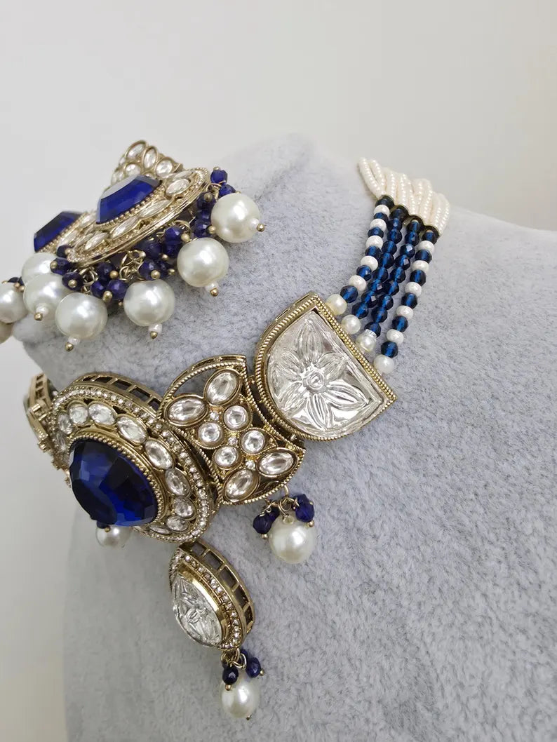Blue pearl Kundan choker Necklace/Bollywood Jewelry/Indian bridal Kundan necklace/indian Pakistani Punjabi wedding jewelry
