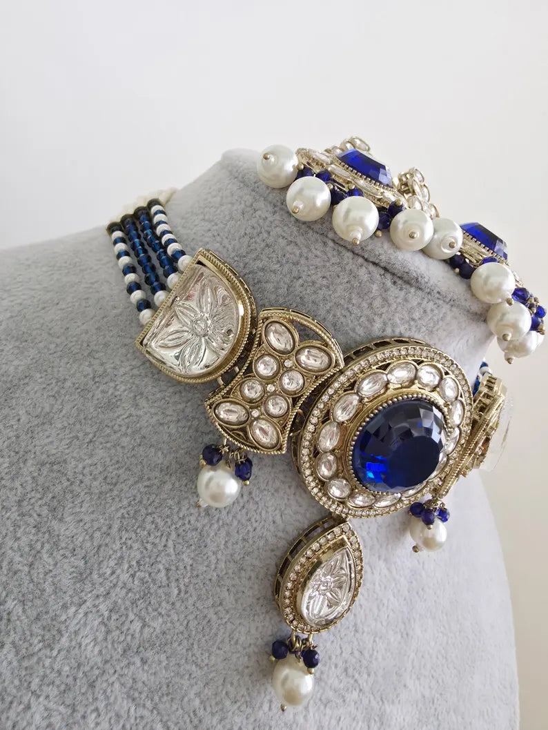 Blue pearl Kundan choker Necklace/Bollywood Jewelry/Indian bridal Kundan necklace/indian Pakistani Punjabi wedding jewelry