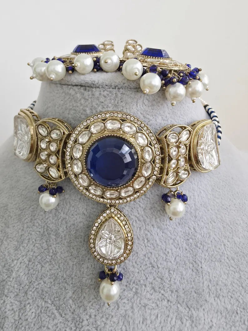 Blue pearl Kundan choker Necklace/Bollywood Jewelry/Indian bridal Kundan necklace/indian Pakistani Punjabi wedding jewelry