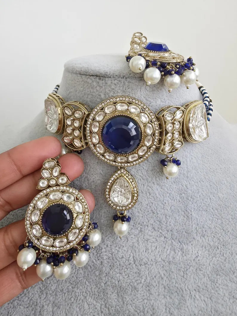 Blue pearl Kundan choker Necklace/Bollywood Jewelry/Indian bridal Kundan necklace/indian Pakistani Punjabi wedding jewelry