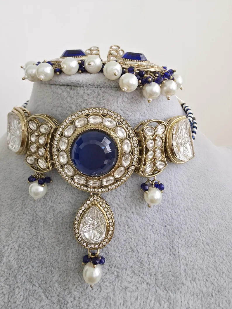 Blue pearl Kundan choker Necklace/Bollywood Jewelry/Indian bridal Kundan necklace/indian Pakistani Punjabi wedding jewelry