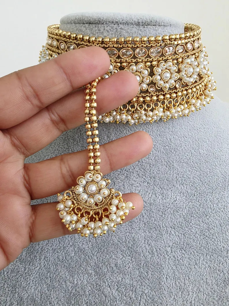 White Gold Polki Choker Necklace, Indian Jewelry, indian wedding necklace, bridal jewelry, Punjabi Pakistani south Indian necklace,Mukut set