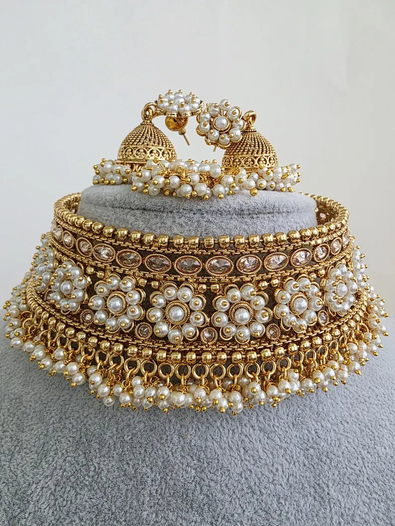 White Gold Polki Choker Necklace, Indian Jewelry, indian wedding necklace, bridal jewelry, Punjabi Pakistani south Indian necklace,Mukut set