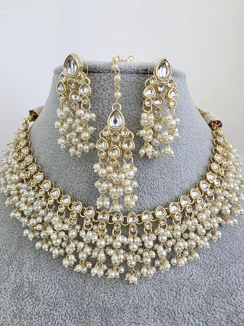 White Kundan Pearl Necklace Set/ Kundan Choker/Bollywood Jewelry/Indian jewelry/ Pakistani necklace/ punjabi necklace/bridal /indian wedding