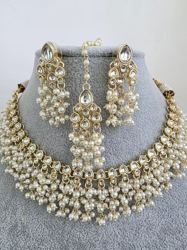 White Kundan Pearl Necklace Set/ Kundan Choker/Bollywood Jewelry/Indian jewelry/ Pakistani necklace/ punjabi necklace/bridal /indian wedding
