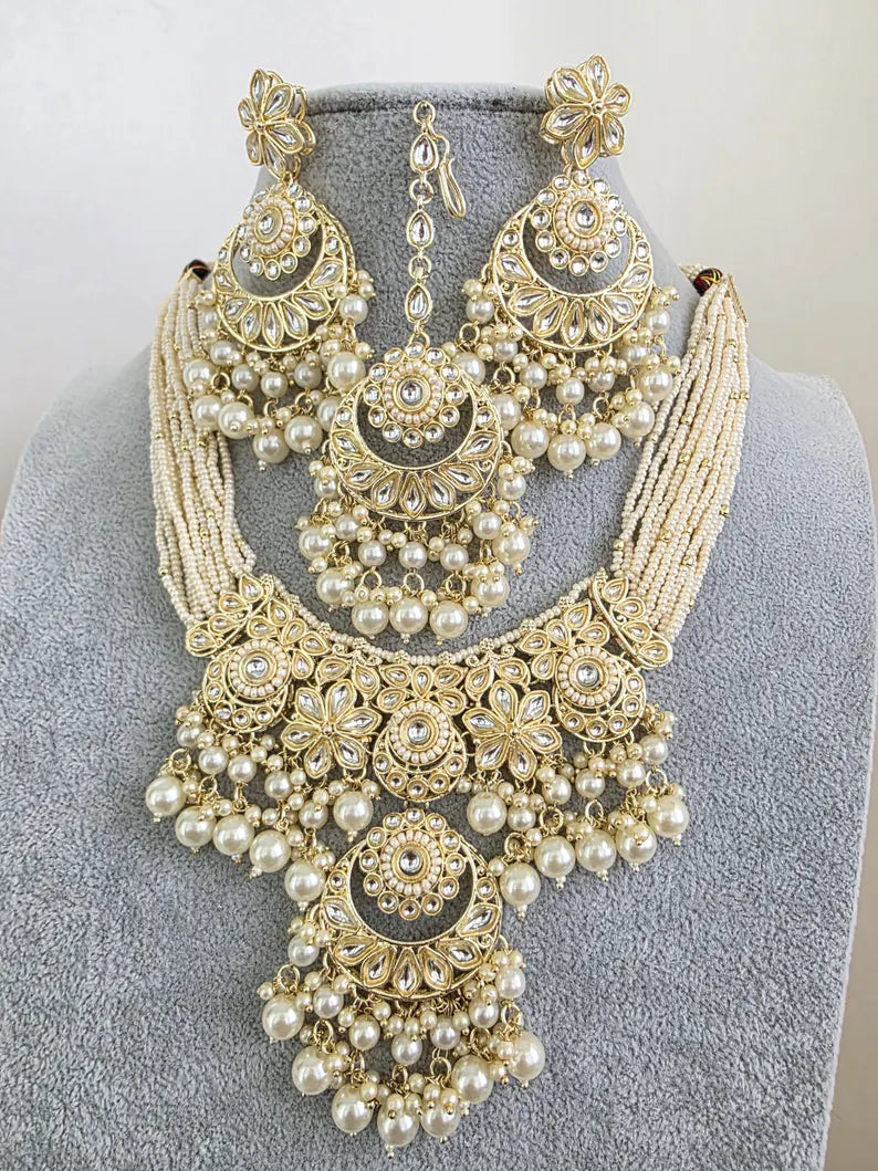 White Kundan Pearl Necklace Set/ Kundan Choker/Bollywood Jewelry/Indian jewelry/ Pakistani necklace/ punjabi necklace/bridal /indian wedding