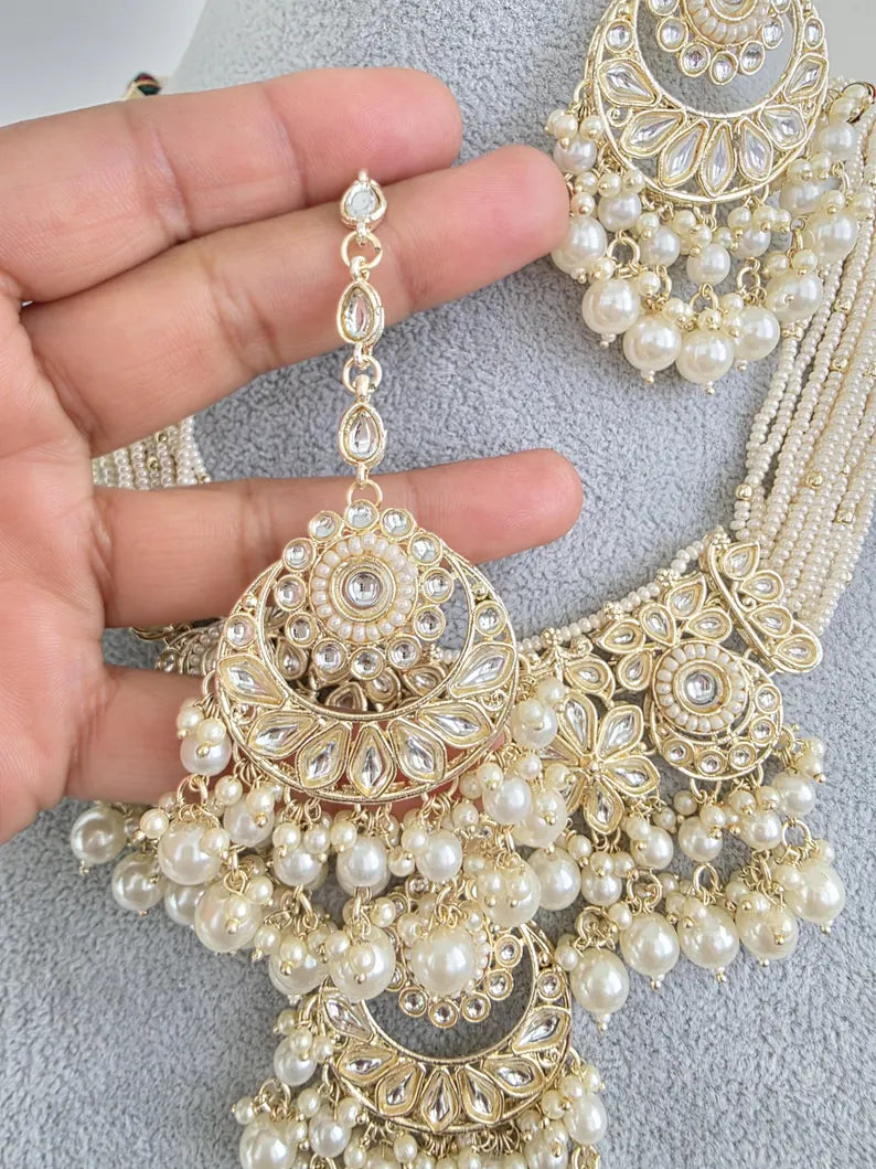 White Kundan Pearl Necklace Set/ Kundan Choker/Bollywood Jewelry/Indian jewelry/ Pakistani necklace/ punjabi necklace/bridal /indian wedding