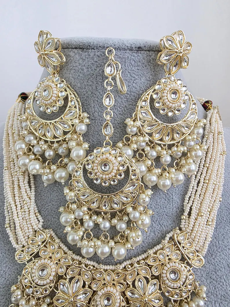 White Kundan Pearl Necklace Set/ Kundan Choker/Bollywood Jewelry/Indian jewelry/ Pakistani necklace/ punjabi necklace/bridal /indian wedding