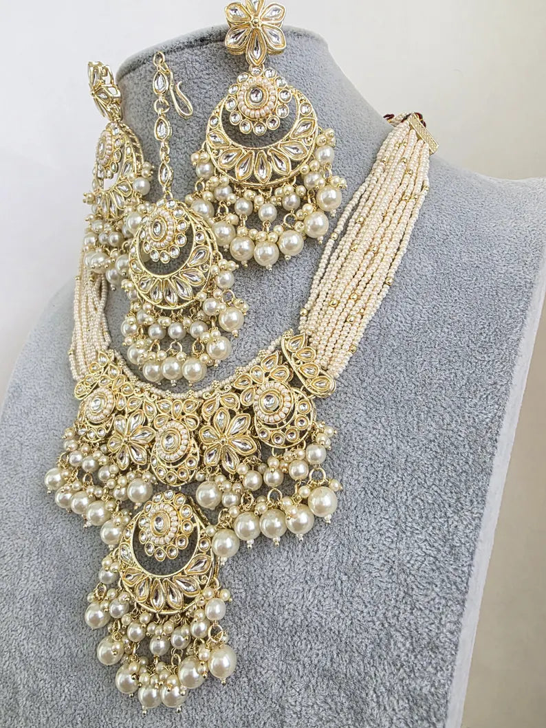 White Kundan Pearl Necklace Set/ Kundan Choker/Bollywood Jewelry/Indian jewelry/ Pakistani necklace/ punjabi necklace/bridal /indian wedding