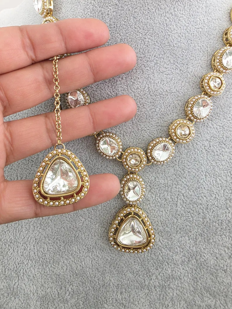 Antique Dull Gold Kundan Pearl Necklace Set/ Kundan necklace/Bollywood Jewelry/Indian jewelry/ Pakistani necklace/ punjabi necklace