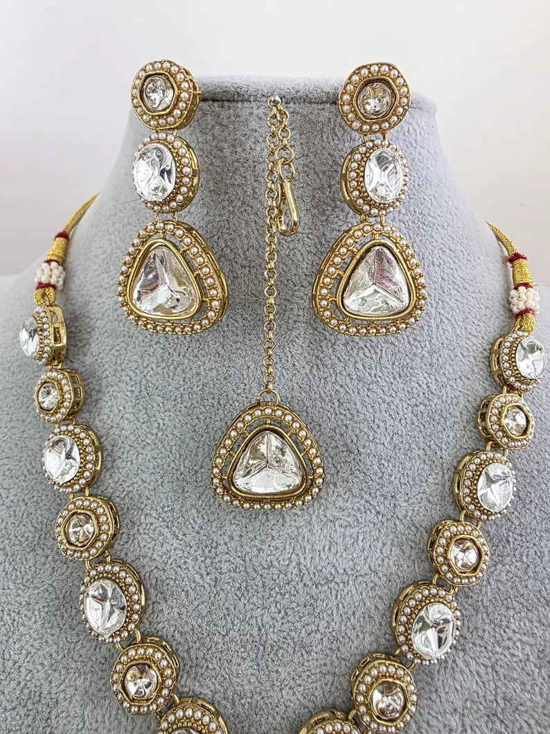 Antique Dull Gold Kundan Pearl Necklace Set/ Kundan necklace/Bollywood Jewelry/Indian jewelry/ Pakistani necklace/ punjabi necklace