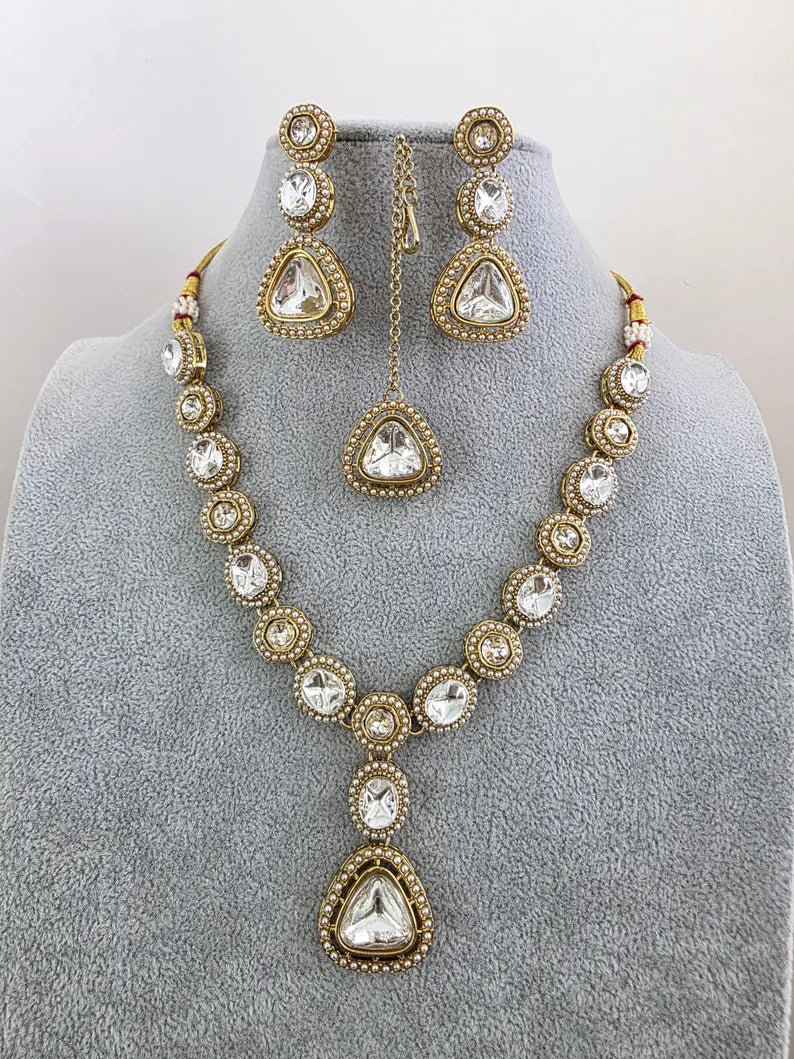 Antique Dull Gold Kundan Pearl Necklace Set/ Kundan necklace/Bollywood Jewelry/Indian jewelry/ Pakistani necklace/ punjabi necklace
