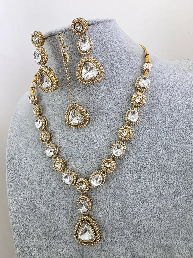 Antique Dull Gold Kundan Pearl Necklace Set/ Kundan necklace/Bollywood Jewelry/Indian jewelry/ Pakistani necklace/ punjabi necklace