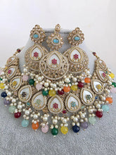 Multi Antique Polki Kundan Pearl Necklace with earrings and tikka, bridal necklace, Indian Punjabi Pakistani Wedding Jewelry