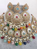 Multi Antique Polki Kundan Pearl Necklace with earrings and tikka, bridal necklace, Indian Punjabi Pakistani Wedding Jewelry