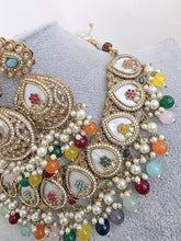Multi Antique Polki Kundan Pearl Necklace with earrings and tikka, bridal necklace, Indian Punjabi Pakistani Wedding Jewelry