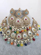 Multi Antique Polki Kundan Pearl Necklace with earrings and tikka, bridal necklace, Indian Punjabi Pakistani Wedding Jewelry