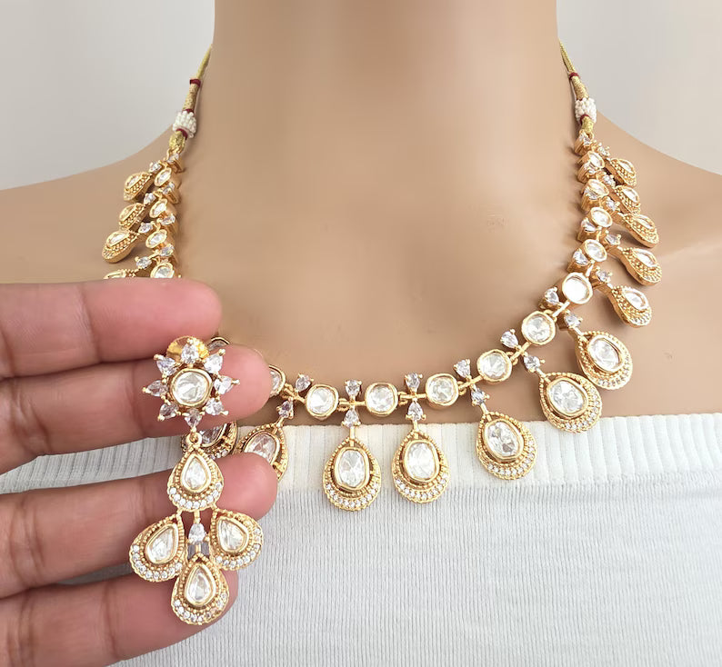 White Moissanite Kundan Necklace/Indian Kundan Set /Bollywood Jewelry/Indian wedding/Bridal Indian Wedding/Pakistani/Punjabi