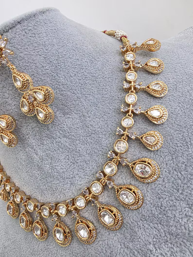 White Moissanite Kundan Necklace/Indian Kundan Set /Bollywood Jewelry/Indian wedding/Bridal Indian Wedding/Pakistani/Punjabi