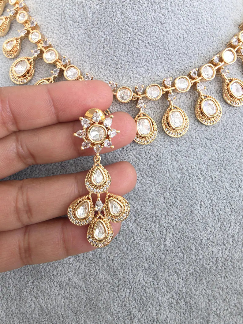 White Moissanite Kundan Necklace/Indian Kundan Set /Bollywood Jewelry/Indian wedding/Bridal Indian Wedding/Pakistani/Punjabi