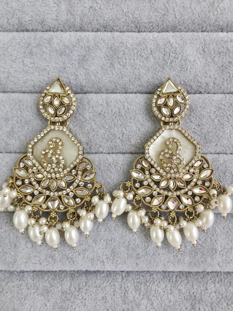 White Shadow stone Kundan Long Earrings/Indian Earrings/pearl Earrings/Pakistani Earrings/Statement Earrings/Long chandelier