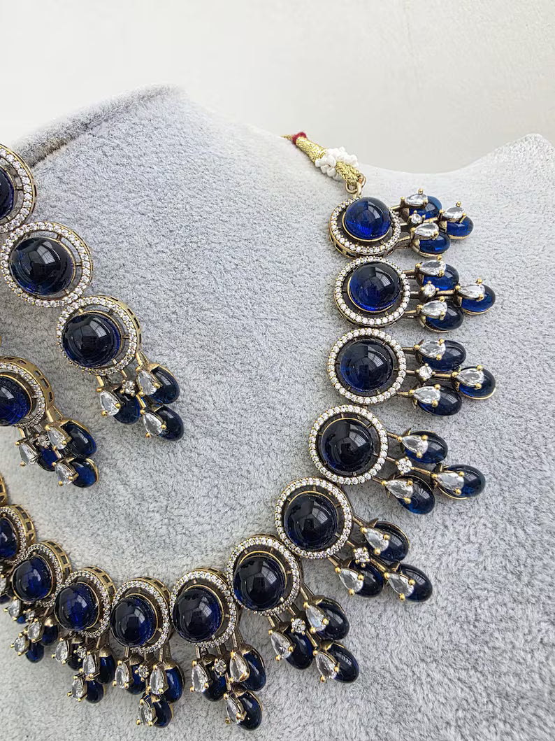 Blue Monalissa Stone CZ stone Victorian necklace, Indian Pakistani wedding jewelry, bridal jewelry, Kundan necklace, Designer necklace