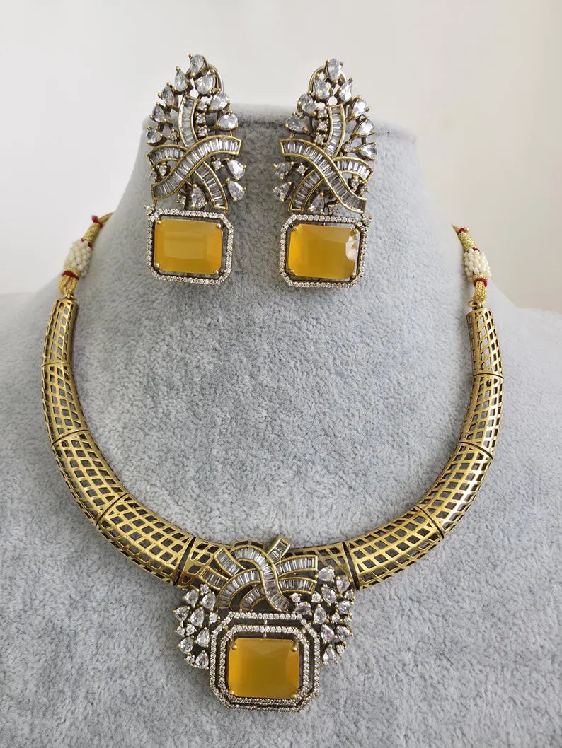 Yellow Antique Dull Gold CZ Monalisa Stone Hasli necklace set/CZ Necklace/Hasli Necklace, Statement necklace/Indian/Punjabi/Pakistani
