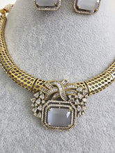 Gray Antique Dull Gold CZ Monalisa Stone Hasli necklace set/CZ Necklace/Hasli Necklace, Statement necklace/Indian/Punjabi/Pakistani