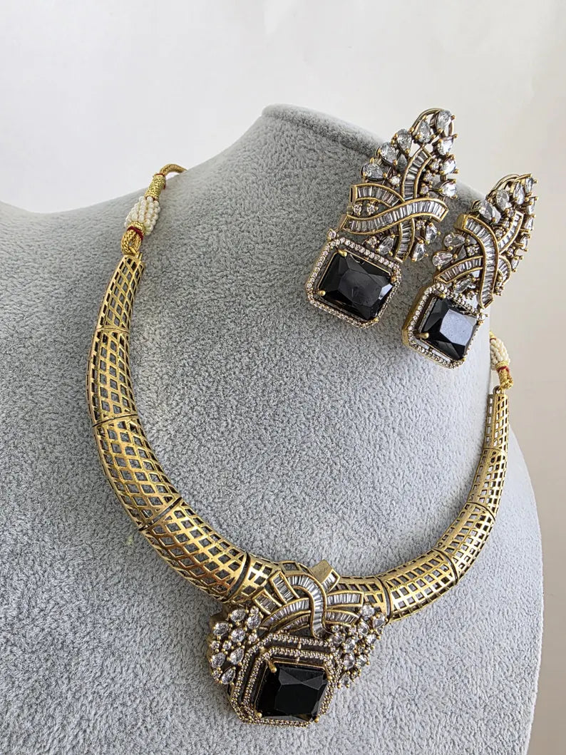 Black Antique Dull Gold CZ Monalisa Stone Hasli necklace set/CZ Necklace/Hasli Necklace, Statement necklace/Indian/Punjabi/Pakistani