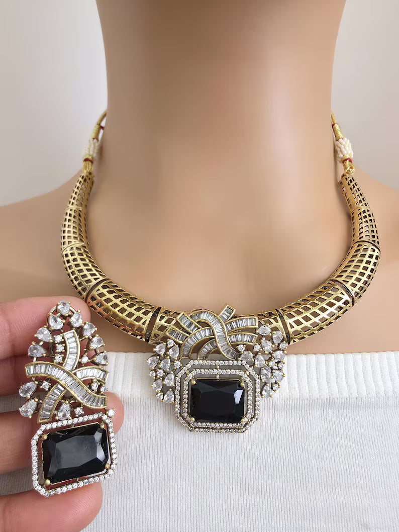 Black Antique Dull Gold CZ Monalisa Stone Hasli necklace set/CZ Necklace/Hasli Necklace, Statement necklace/Indian/Punjabi/Pakistani