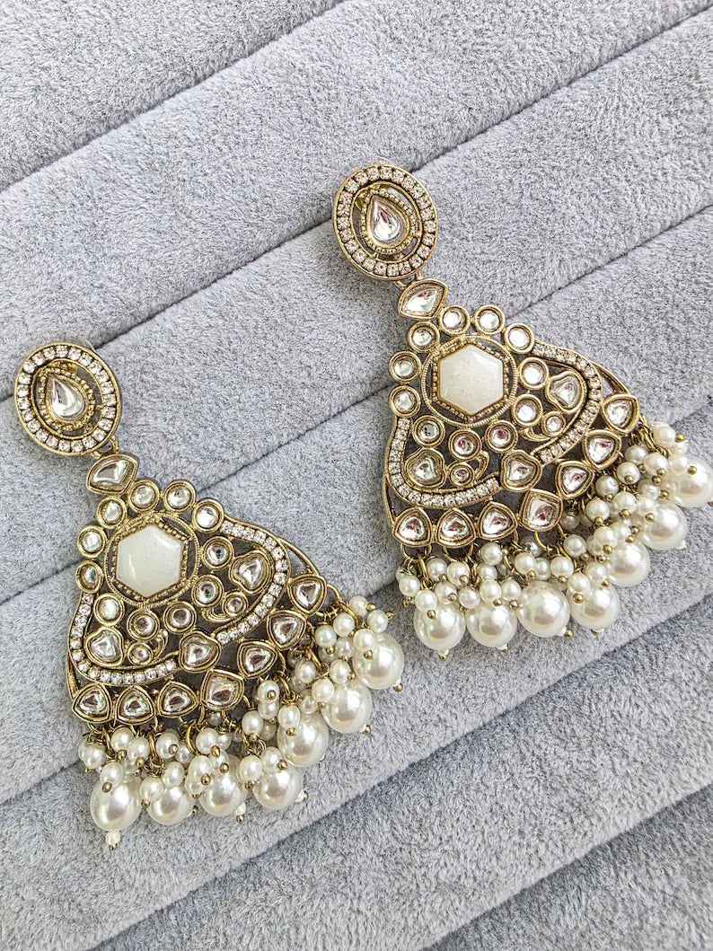White Kundan Earrings/Indian Earrings/pearl Earring/Pakistani Earrings/Statement Earrings/Long chandelier/bridal earrings