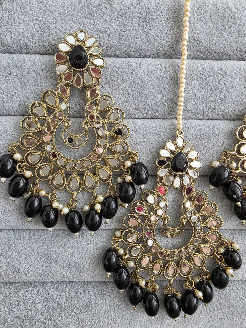 Black Mirror Earring Tikka set/Earrings,Maang Tikka/Teeka/Tika/MirrorJewelry/Bollywood/Pakistani/Bridesmaid Gifts/Bridal/Indian Wedding