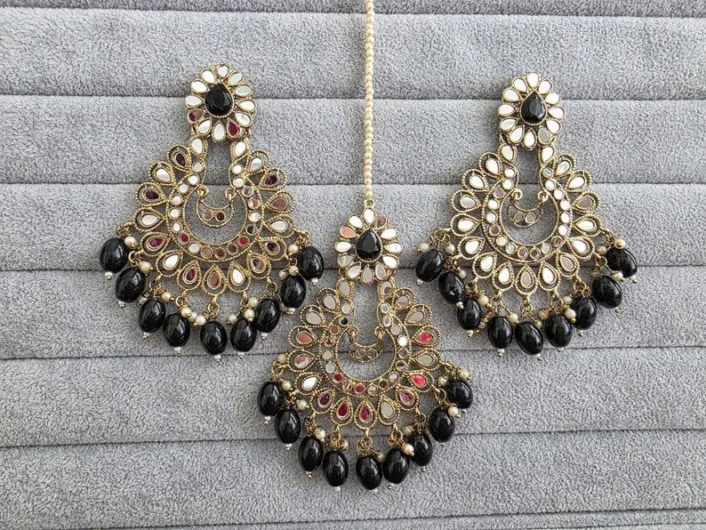 Black Mirror Earring Tikka set/Earrings,Maang Tikka/Teeka/Tika/MirrorJewelry/Bollywood/Pakistani/Bridesmaid Gifts/Bridal/Indian Wedding
