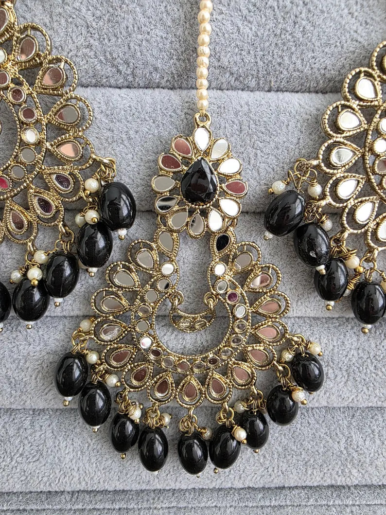 Black Mirror Earring Tikka set/Earrings,Maang Tikka/Teeka/Tika/MirrorJewelry/Bollywood/Pakistani/Bridesmaid Gifts/Bridal/Indian Wedding