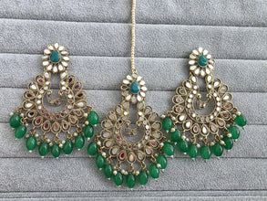 Green Mirror Tikka Earrings set/Maang Tikka/Teeka/Tika/MirrorJewelry/Bollywood/Pakistani/Bridesmaid Gifts/Bridal/Indian Wedding