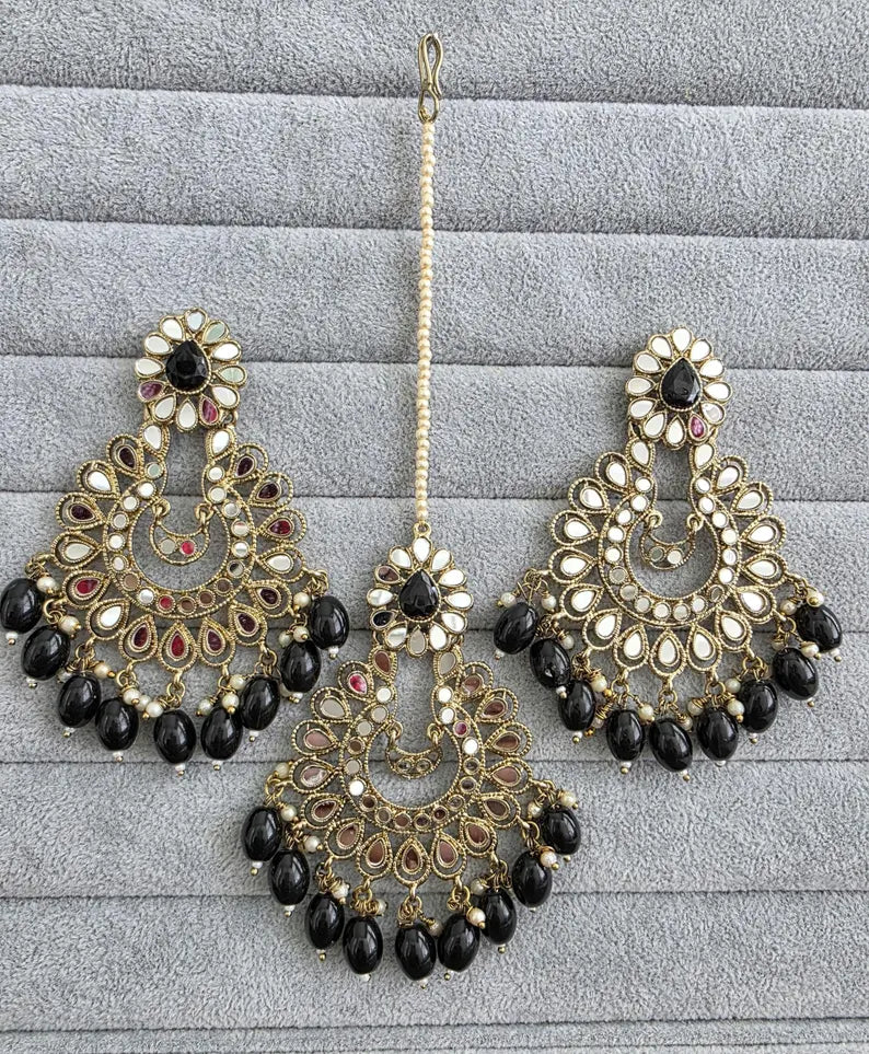Black Mirror Earring Tikka set/Earrings,Maang Tikka/Teeka/Tika/MirrorJewelry/Bollywood/Pakistani/Bridesmaid Gifts/Bridal/Indian Wedding