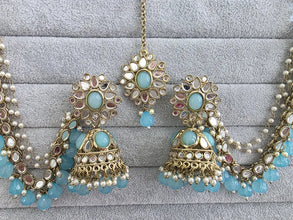 Aqua Blue Mirror stone bahubali jhumka with tikka, Mirror jhumnka, bahubali earrings, mirror jewelry for wedding, indian pakistani jewelry
