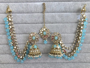 Aqua Blue Mirror stone bahubali jhumka with tikka, Mirror jhumnka, bahubali earrings, mirror jewelry for wedding, indian pakistani jewelry